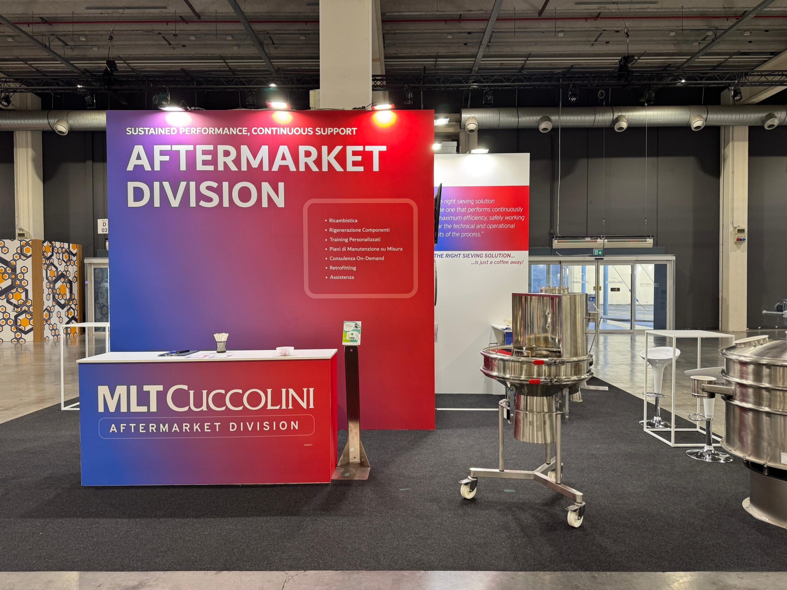 MLT Cuccolini exhibition booth at SOLIDS Parma 2026 showcasing industrial sieving machinery
