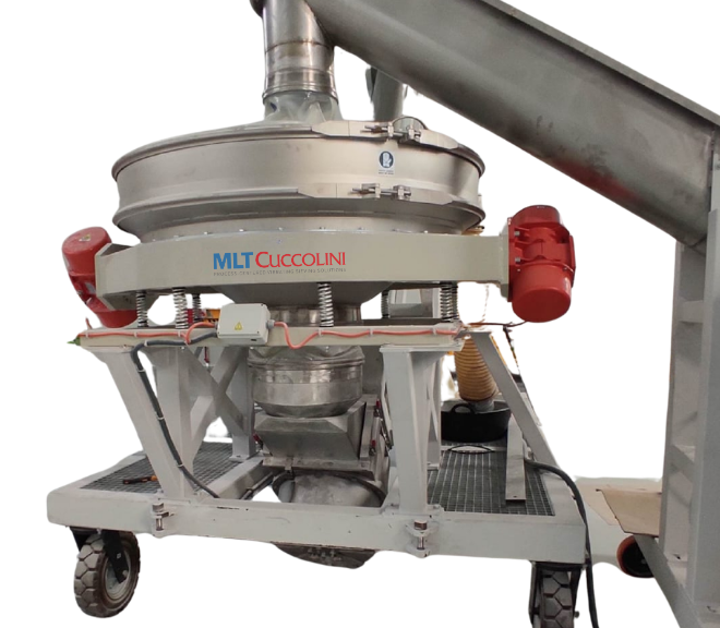 Low-angle view of a mobile circular vibrating screen with top feed chute and multiple side discharge outlets, isolated on a white background in industrial configuration.