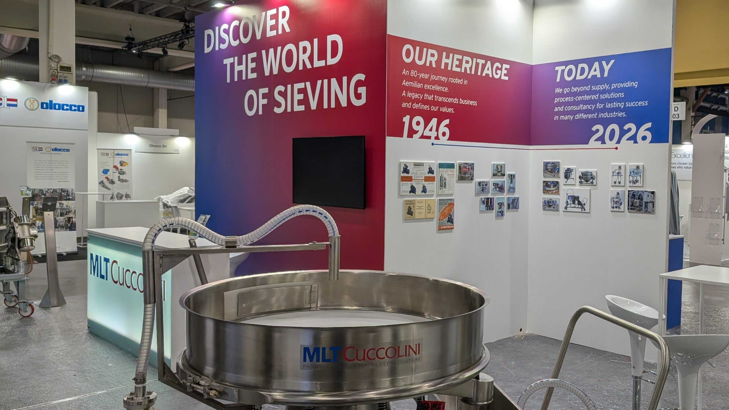 MLT Cuccolini exhibition booth at SOLIDS Parma 2026 showcasing industrial sieving machinery