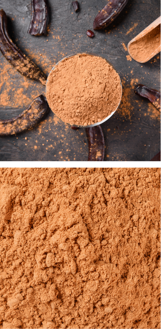 Carob flour powder in a sieve surrounded by dried carob pods