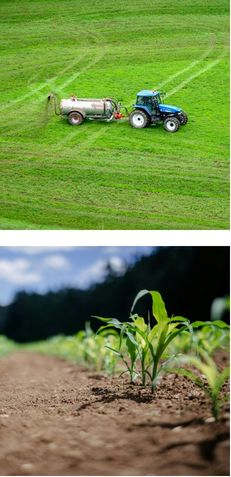 Blue tractor with tank trailer on green field.