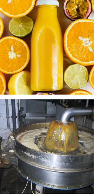 Vibrating sieve filtering fruit juice and pulp, with fresh citrus fruits above