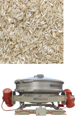 Industrial vibrating sieve machine with red motors below scattered white rice grains on neutral background.