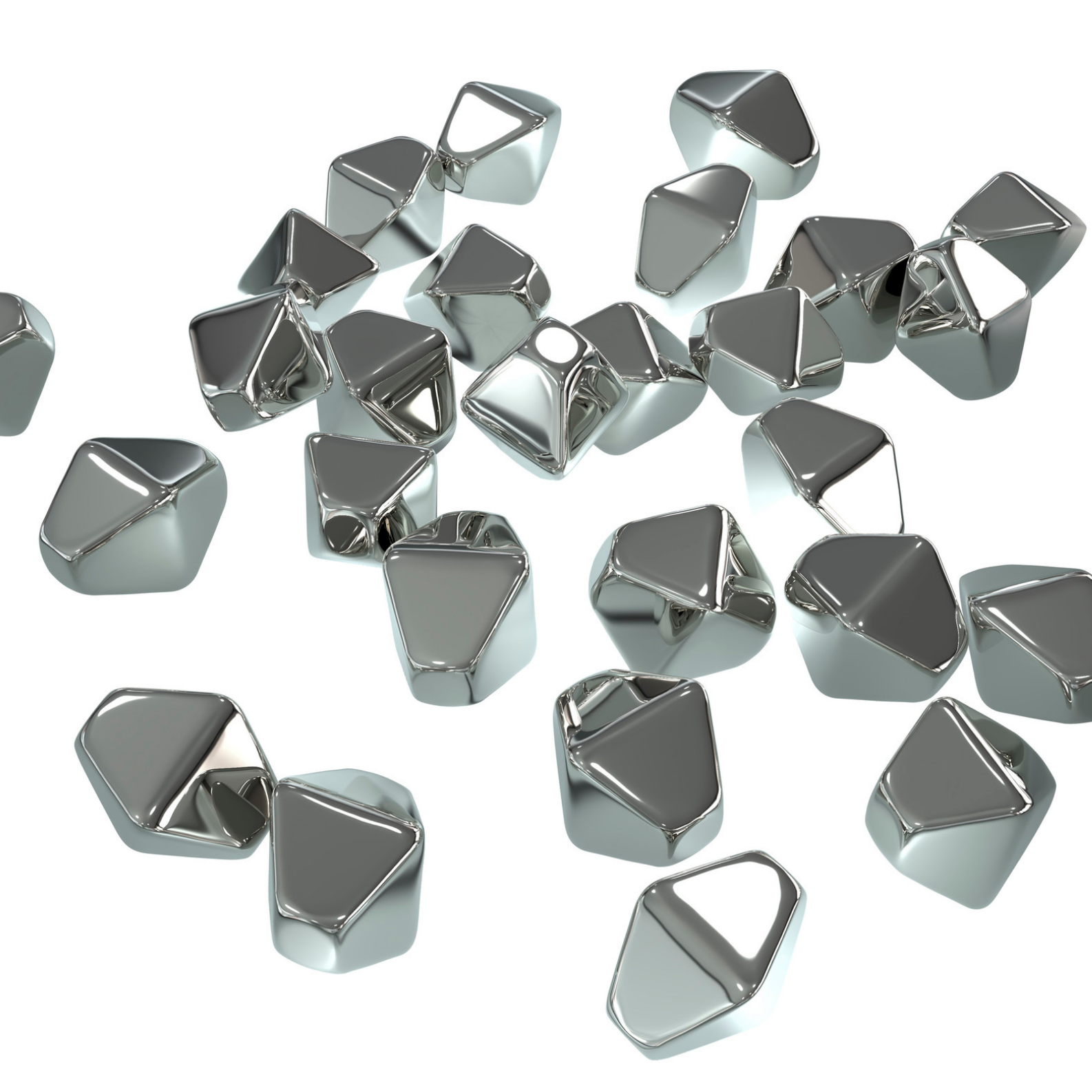 irregular atomised metal granules showing varied morphology and satellite formation typical of gas atomisation processes