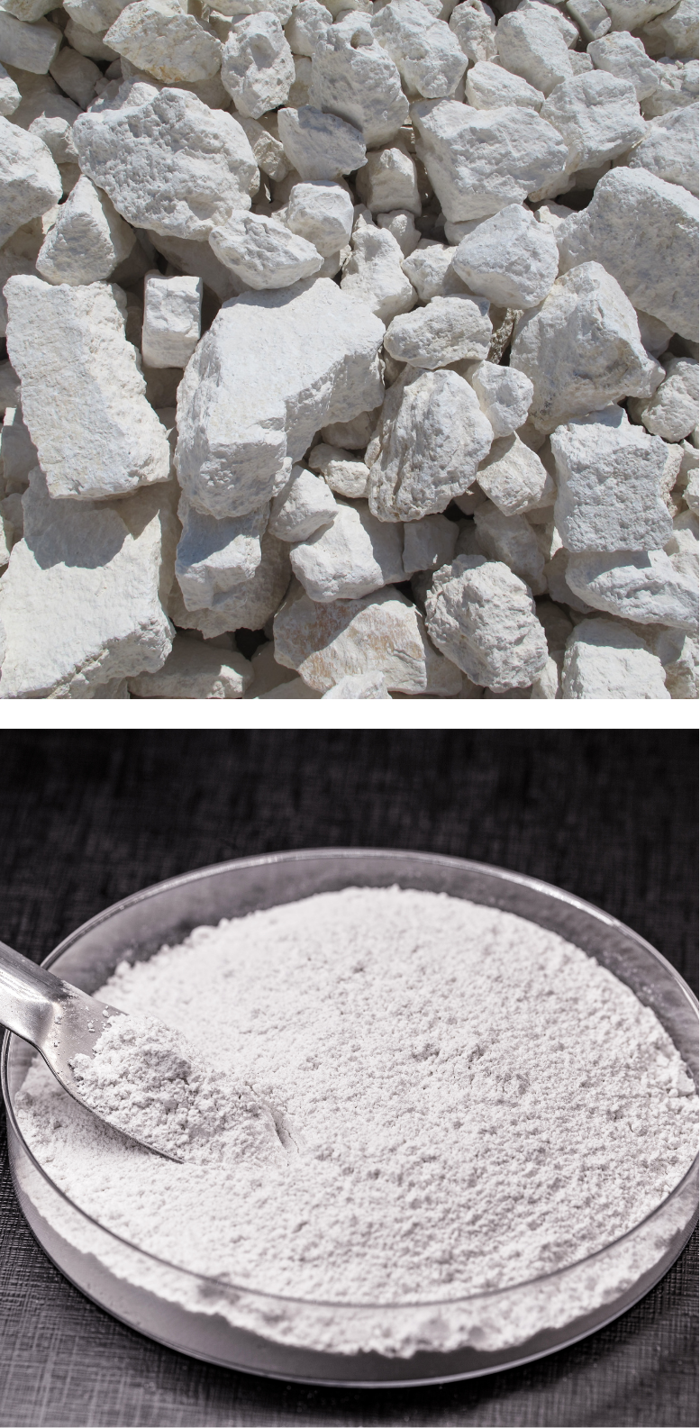 raw limestone chunks before crushing and milling (top) and fine CaCO3 powder used as filler in masterbatches and compounding lines (bottom)