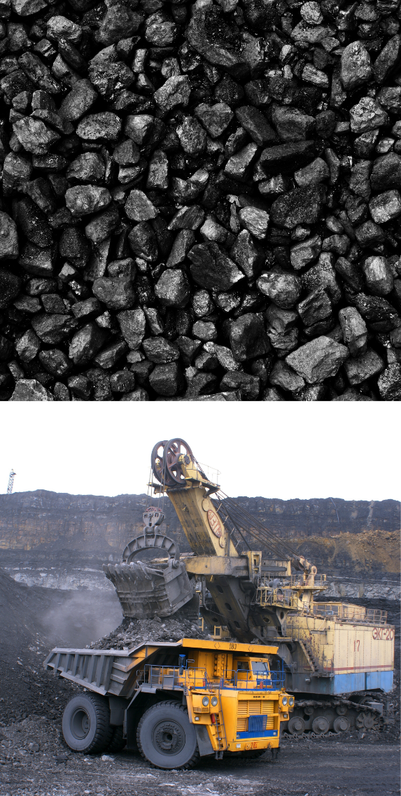 coarse coal fragments with mineral gangue (top) and open-pit mining excavation with heavy equipment (bottom)
