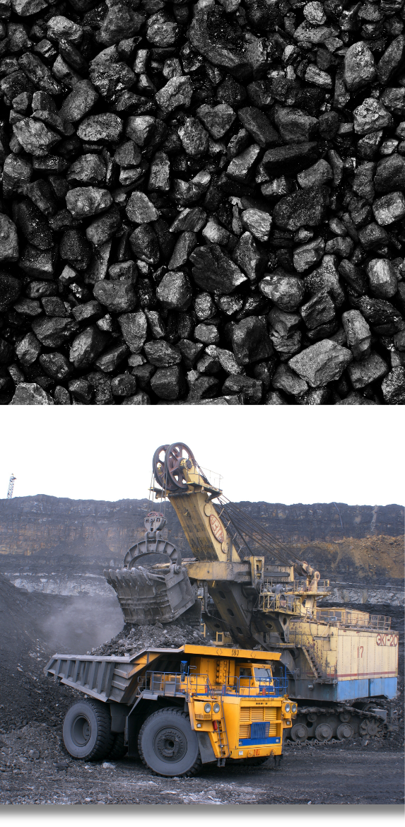 coarse coal fragments with mineral gangue (top) and open-pit mining excavation with heavy equipment (bottom)