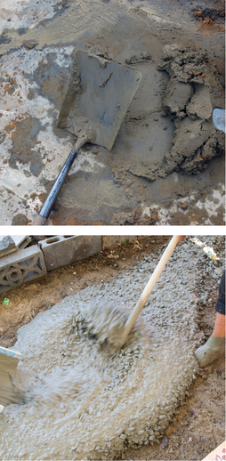 Dry mortar mixed with water before application on a construction site