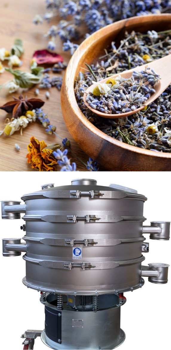 mixed dried flowers and herbs including lavender, chamomile and star anise (top) and MLT Cuccolini multi-deck vibrating sieve for campaign-based dried herb classification (bottom)