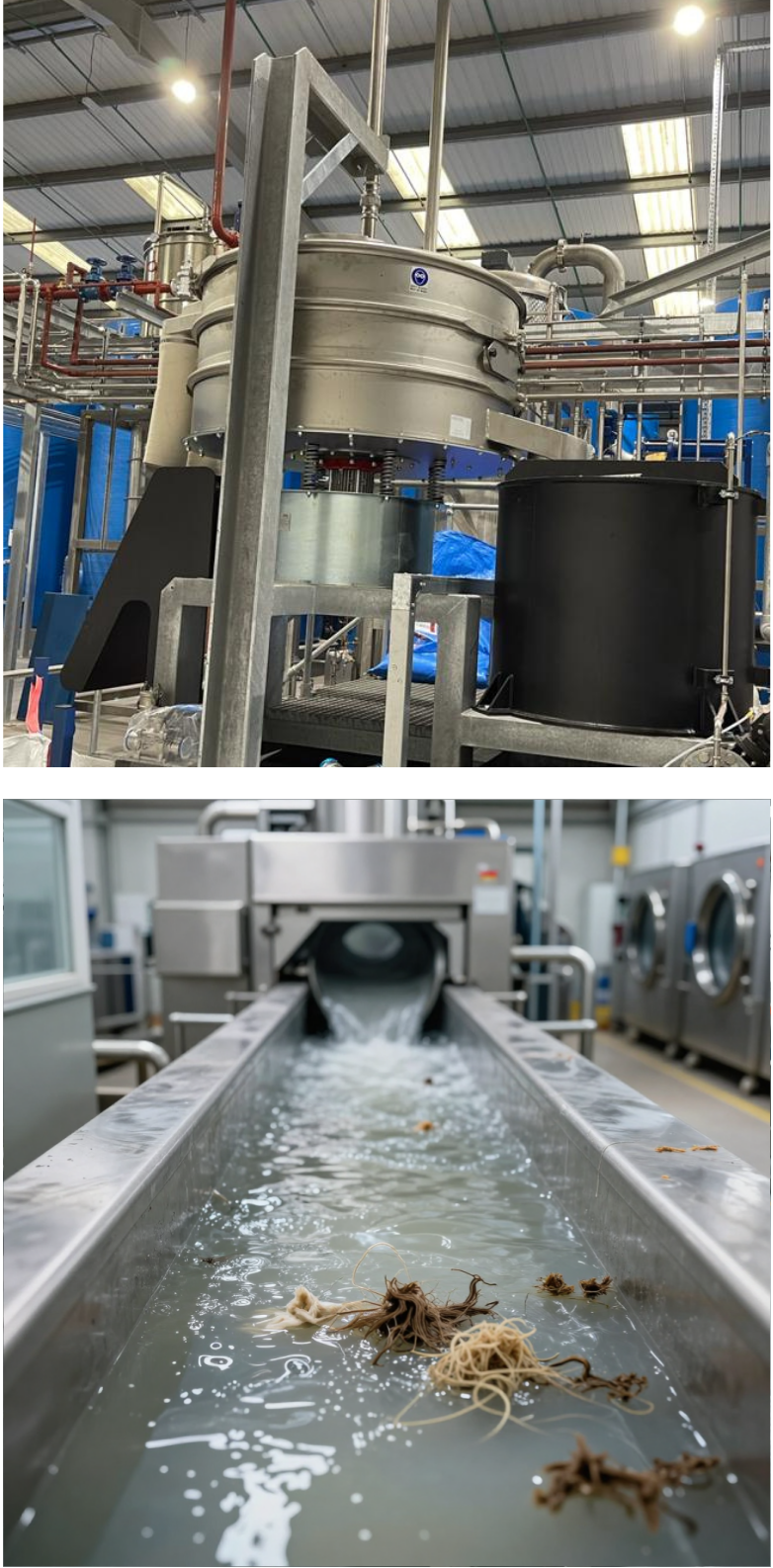 Stainless steel industrial vibrating sieve installed in a production plant with blue pipework, and wastewater collection channel in an industrial laundry with textile fibres and floating residues