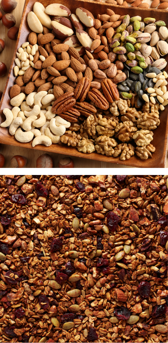 whole mixed nuts including almonds, hazelnuts, pistachios, cashews, walnuts and pecans (top) and granola mix with nut granules, seeds and dried fruit (bottom)