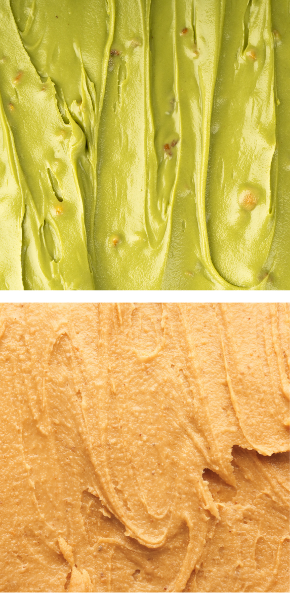 pistachio cream (top) and peanut butter or almond paste (bottom)