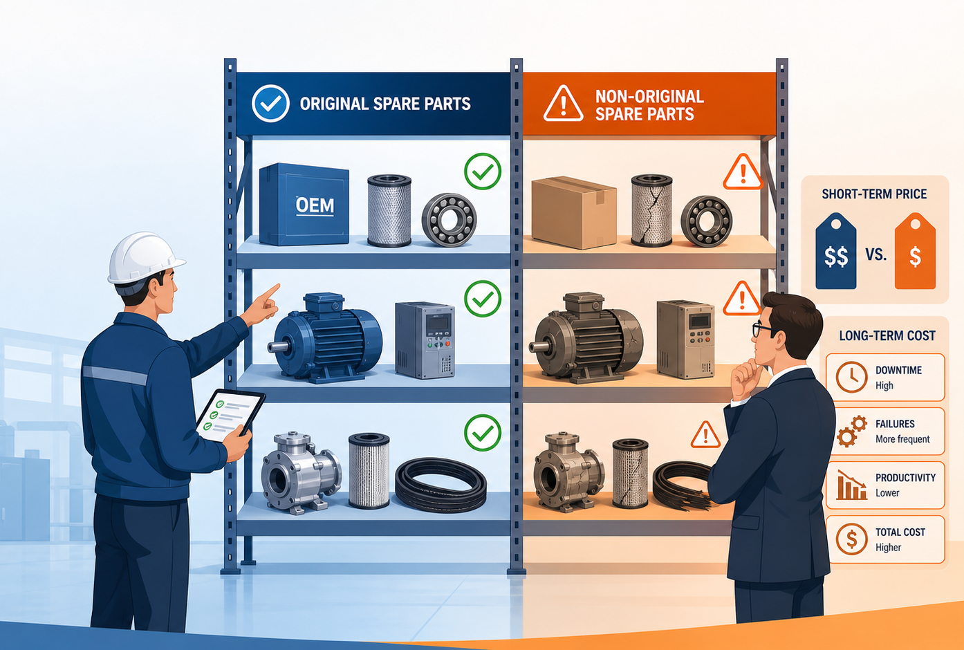 Comparison illustration of original OEM spare parts versus non-original spare parts, showing higher downtime, more frequent failures and higher total cost with non-original components
