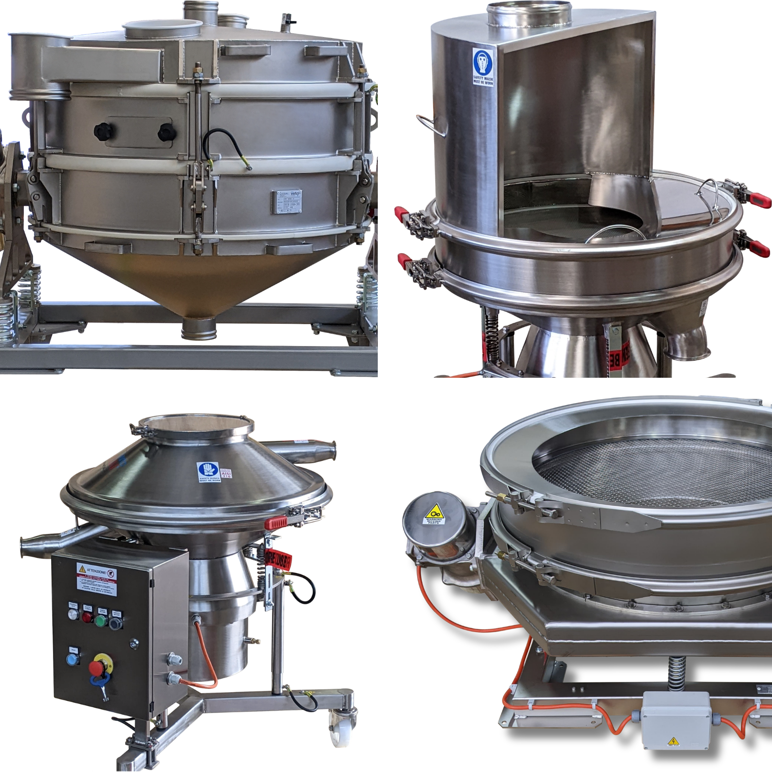CS/CD rectangular X-Line sieve (top left), VPF circular contained sieve with closed inlet (top right), VTP inline sieve with mobile frame and control panel (bottom left), and VPF2 open circular sieve with mirror-polished mesh and tri-clamp fittings (bottom right)