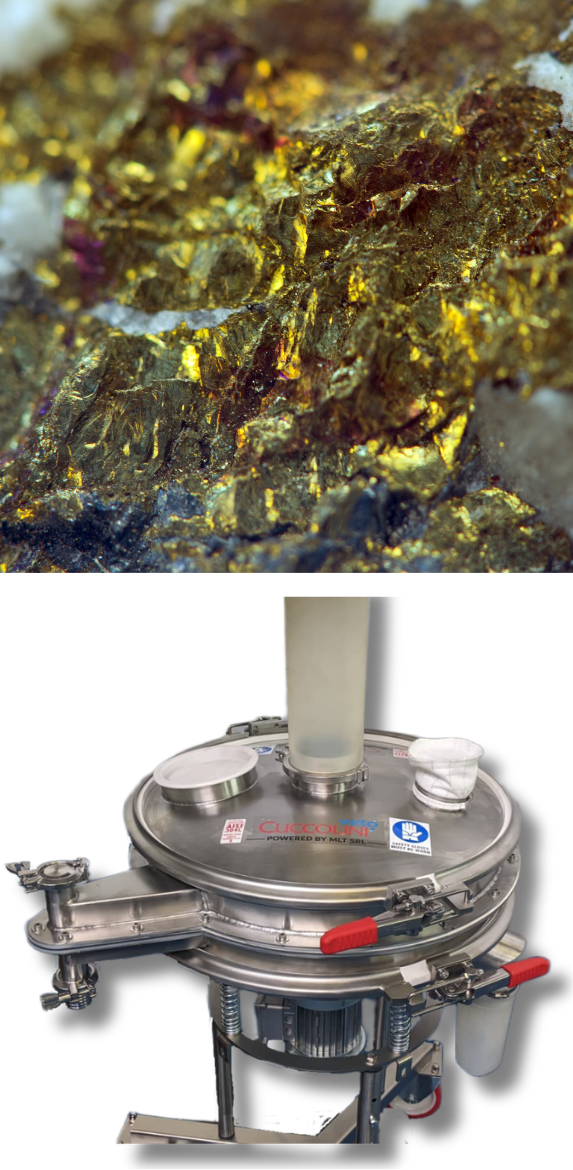 gold fusion residue containing metallic particles (top) and MLT Cuccolini VPB zero-gap vibrating sieve in stainless steel execution for fine precious metal particle classification and ash separation (bottom)"