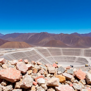 Open-pit rare earth mining site with crushed ore fragments in the foreground and large quarry excavation in the background