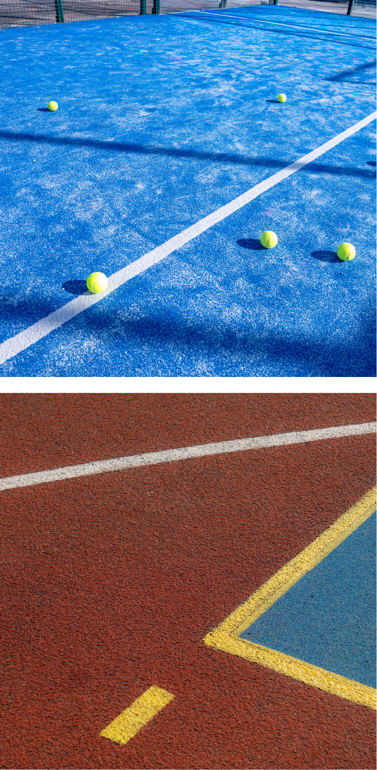 blue padel court with synthetic turf and sand infill (top) and red rubber granule sports surface (bottom)
