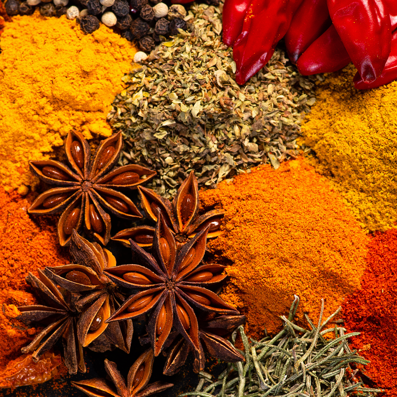 turmeric powder, chilli peppers, star anise, peppercorns, rosemary, oregano and paprika