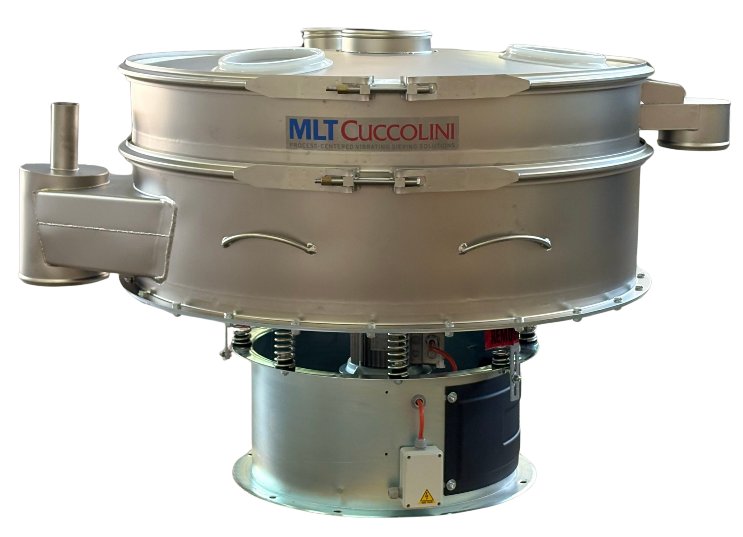 MLT Cuccolini VLM 1200 circular vibrating screen with lateral discharge outlets and vibrating motor base