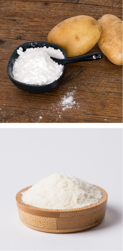 Functional food ingredient powders requiring safety sieving: potato starch (top) and modified starch or vegetable protein fraction (bottom)